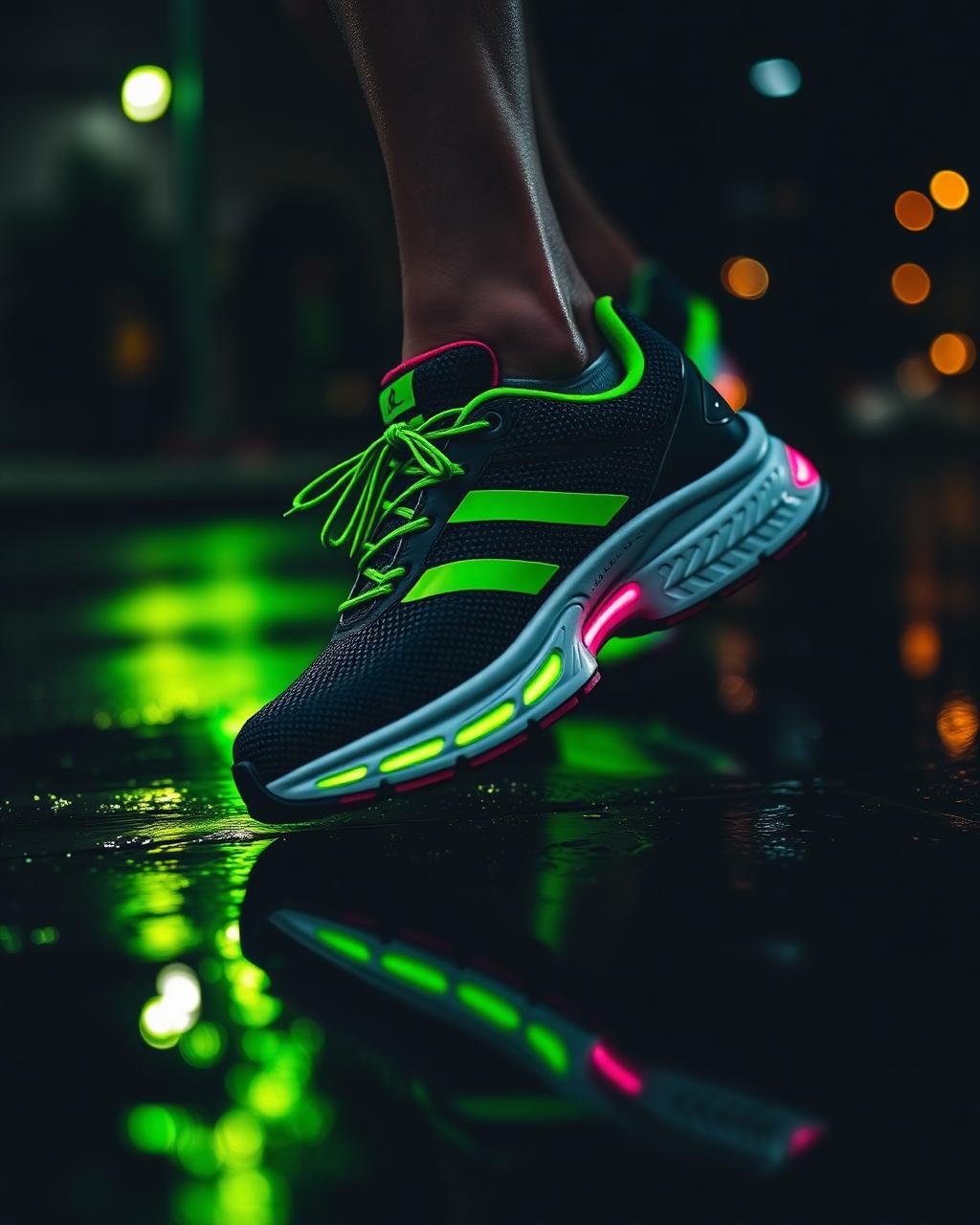 Detalhe de tênis de corrida sob neon